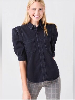 Frame Denim Black Denim Button-Up Shirt with Puff Sleeves